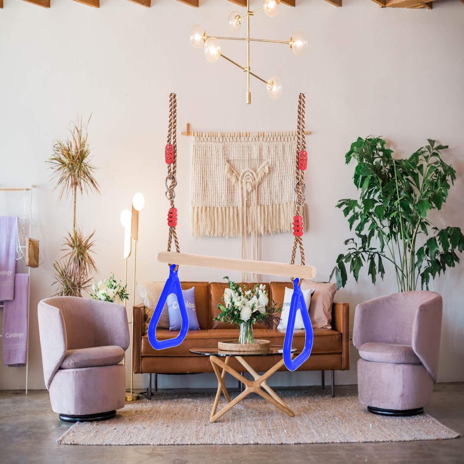 Gymnastic Ring Wood - ชุดชิงช้าสำหรับเล่นในร่มและกลางแจ้งสำหรับสนามหลังบ้าน ห่วงยิมนาสติกไม้พร้อมเชือกแข็งแรง อุปกรณ์เล่นสำหรับเด็ก