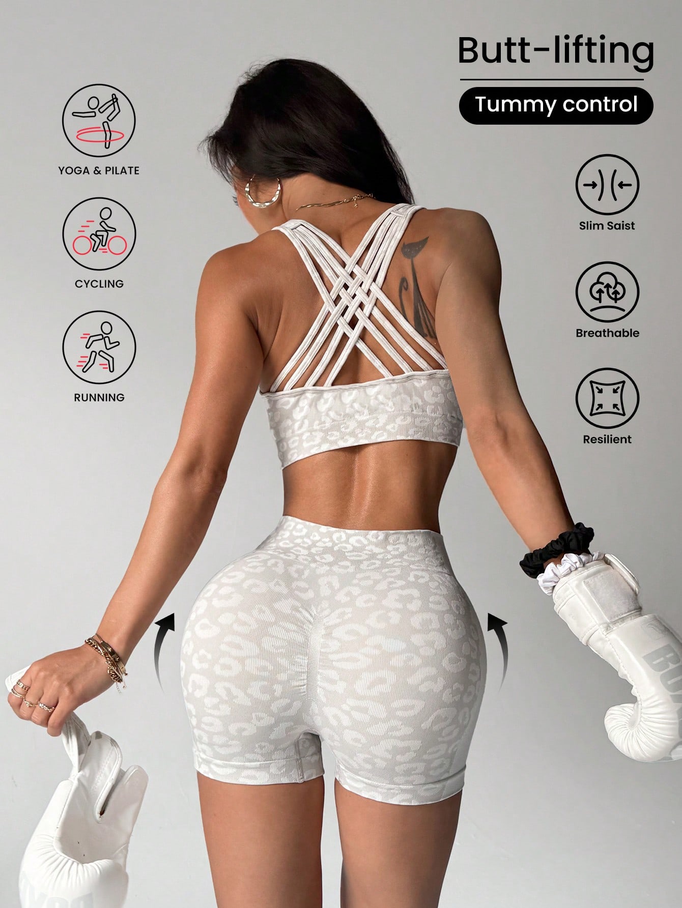 Crossfit Lifting - ชุดโยคะลายเสือดาวเอวสูงและกระชับหน้าท้องสำหรับผู้หญิง ช่วยยกสะโพกและกระชับรูปร่าง เหมาะสำหรับใส่ออกนอกบ้าน สีพีช